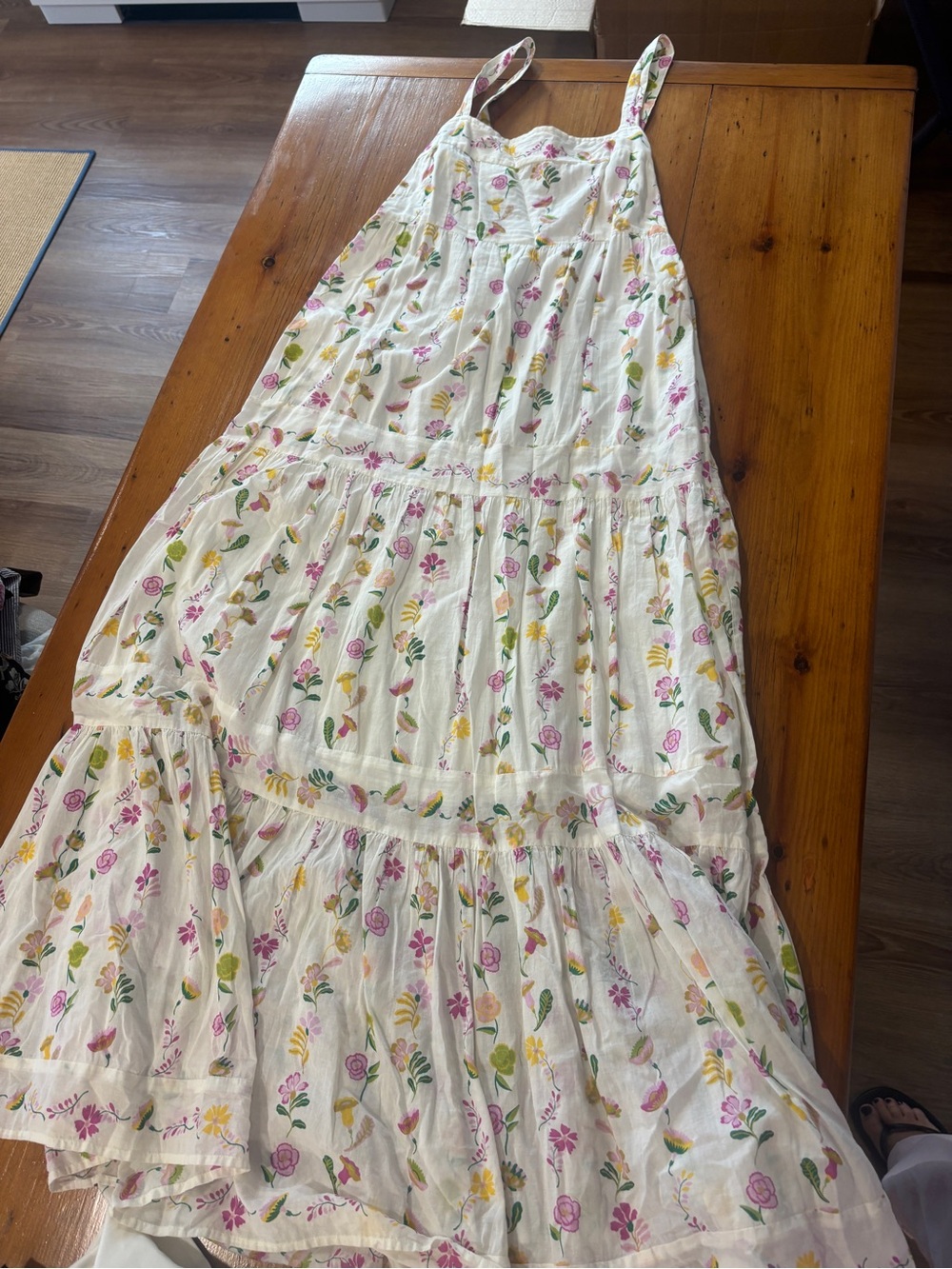 Banjanan White Floral Tiered Maxi Dress with Pink and Yellow Blooms
